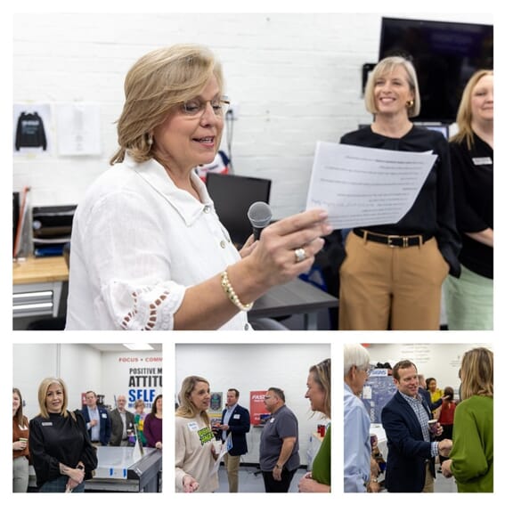 An image of the owner speaking to the employees at the Mardi Gras celebration.